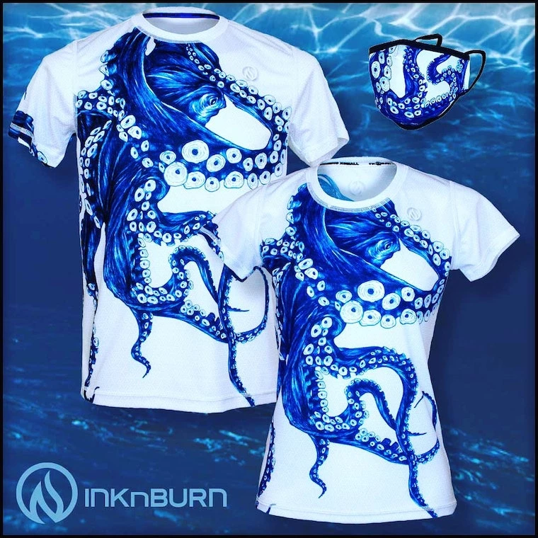 INKnBURN Women's Blue Octopus Tech Shirt, X-Small 2020 | Short Sleeve 6 INKnBURN Women's Blue Octopus Tech Shirt, X-Small 2020 | Short Sleeve - Image 4